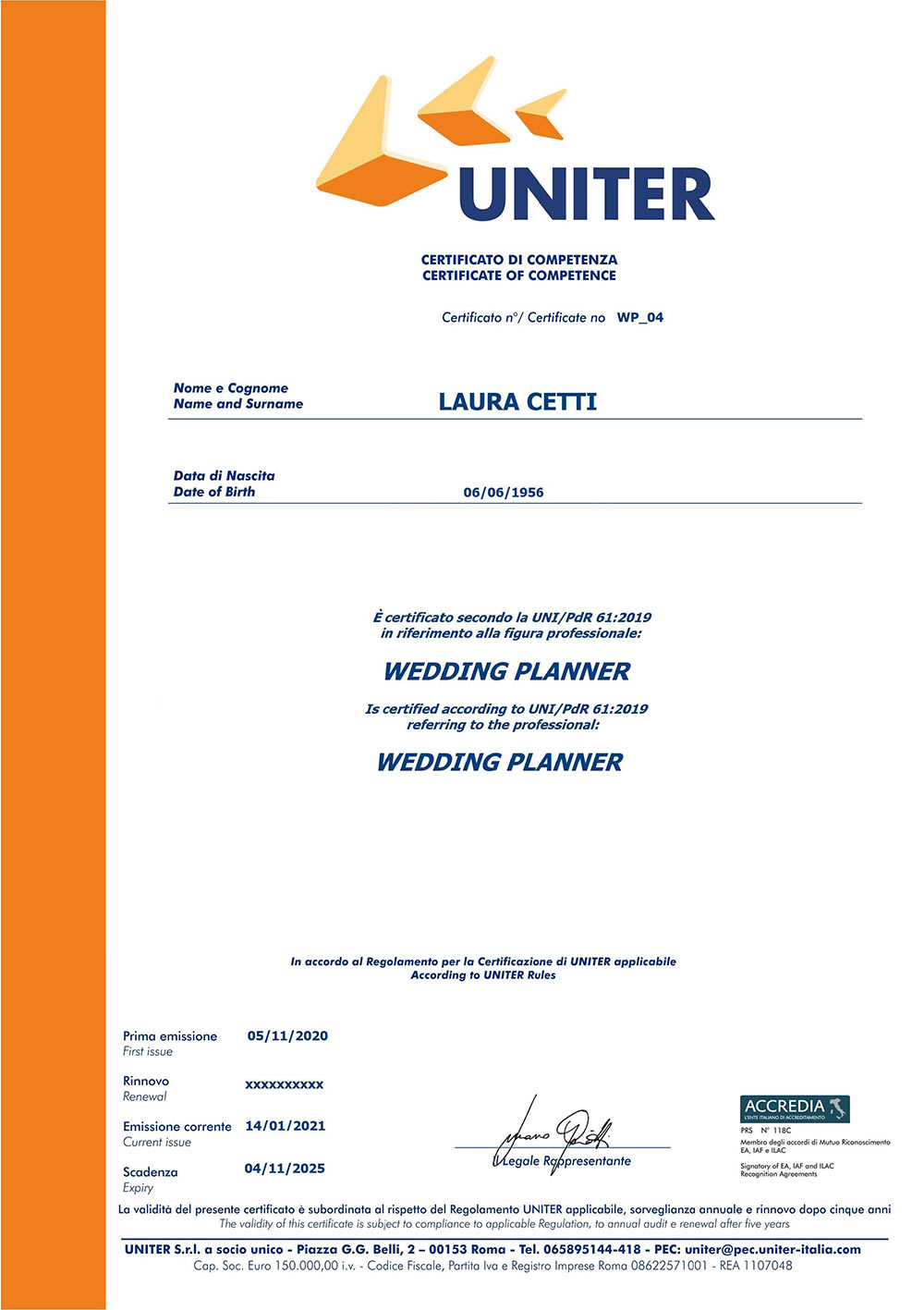 Certificazione rilasciata da UNITER come Wedding Planner abilitata